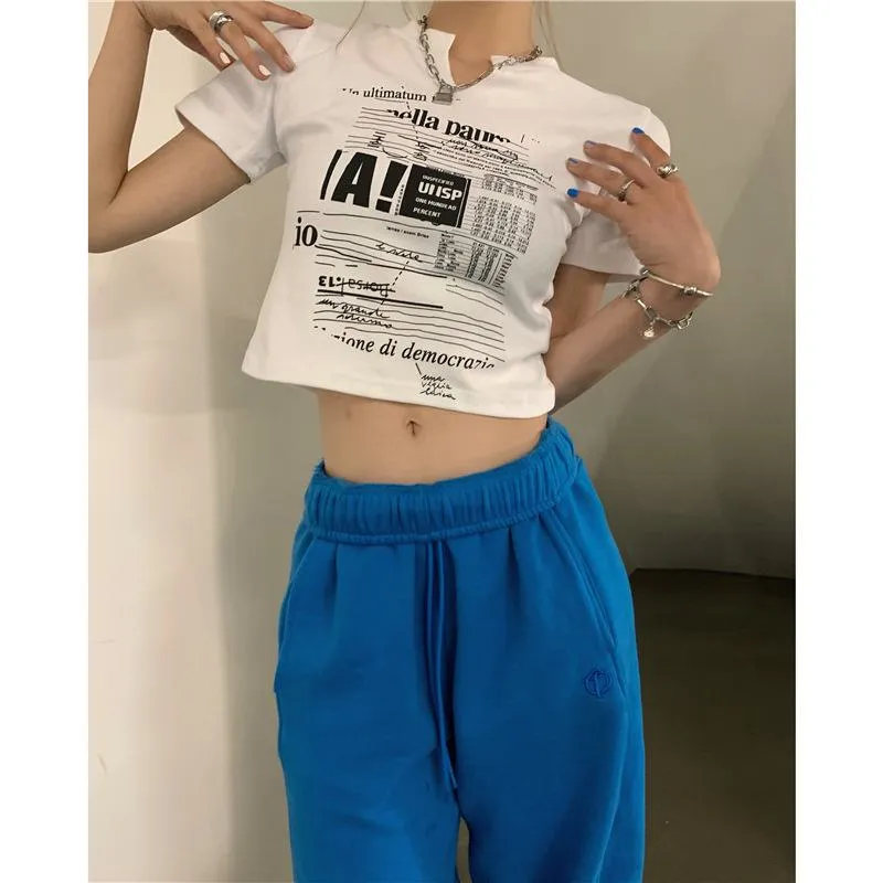 Navel-Baring Cropped V-Neck Slim-Fit Short Sleeve Tee