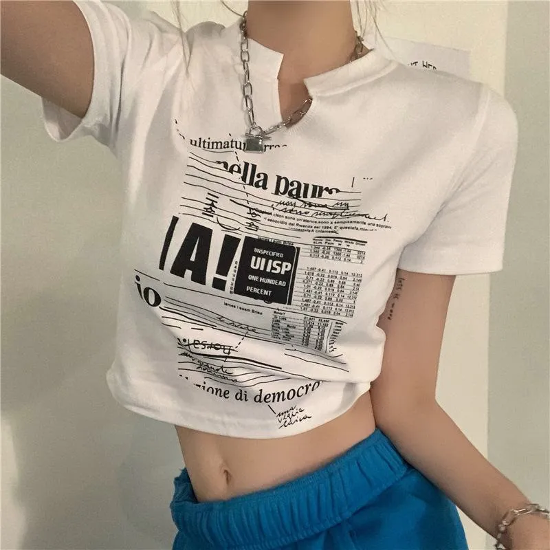 Navel-Baring Cropped V-Neck Slim-Fit Short Sleeve Tee