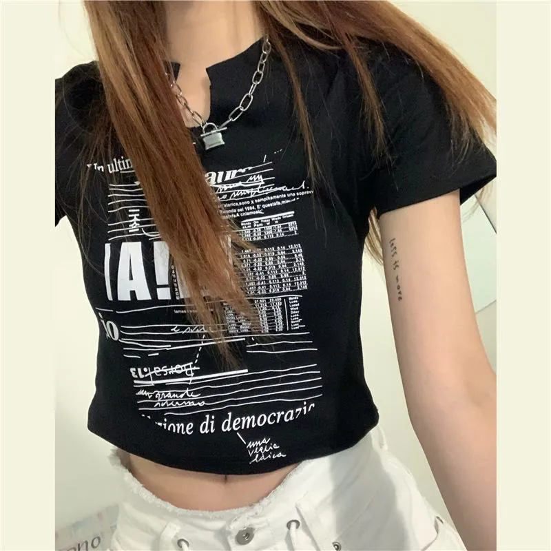 Navel-Baring Cropped V-Neck Slim-Fit Short Sleeve Tee