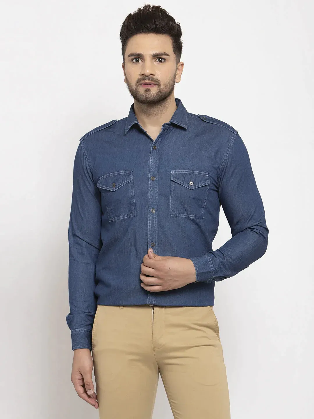 Navy Men'S Denim Solid Formal Shirt'S