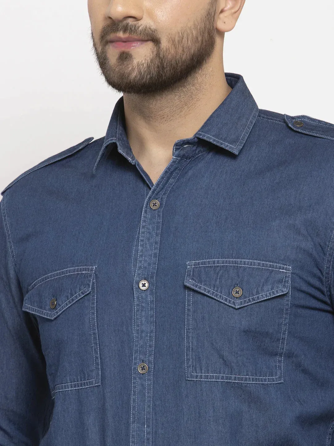 Navy Men'S Denim Solid Formal Shirt'S