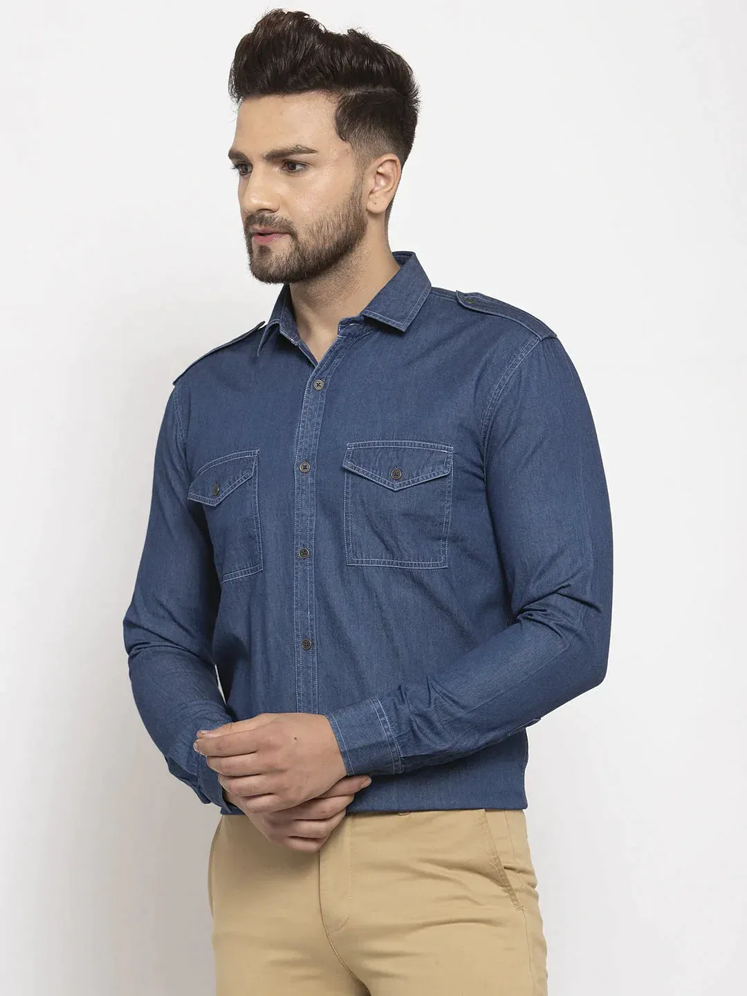 Navy Men'S Denim Solid Formal Shirt'S