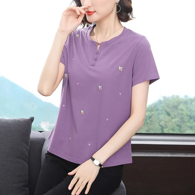 Notched Neck Versatile Button Loose Fit Worn Outside Cotton Short Sleeve Tee