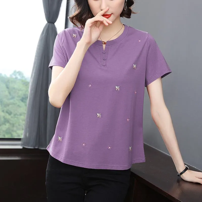 Notched Neck Versatile Button Loose Fit Worn Outside Cotton Short Sleeve Tee