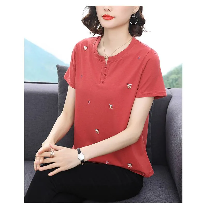 Notched Neck Versatile Button Loose Fit Worn Outside Cotton Short Sleeve Tee