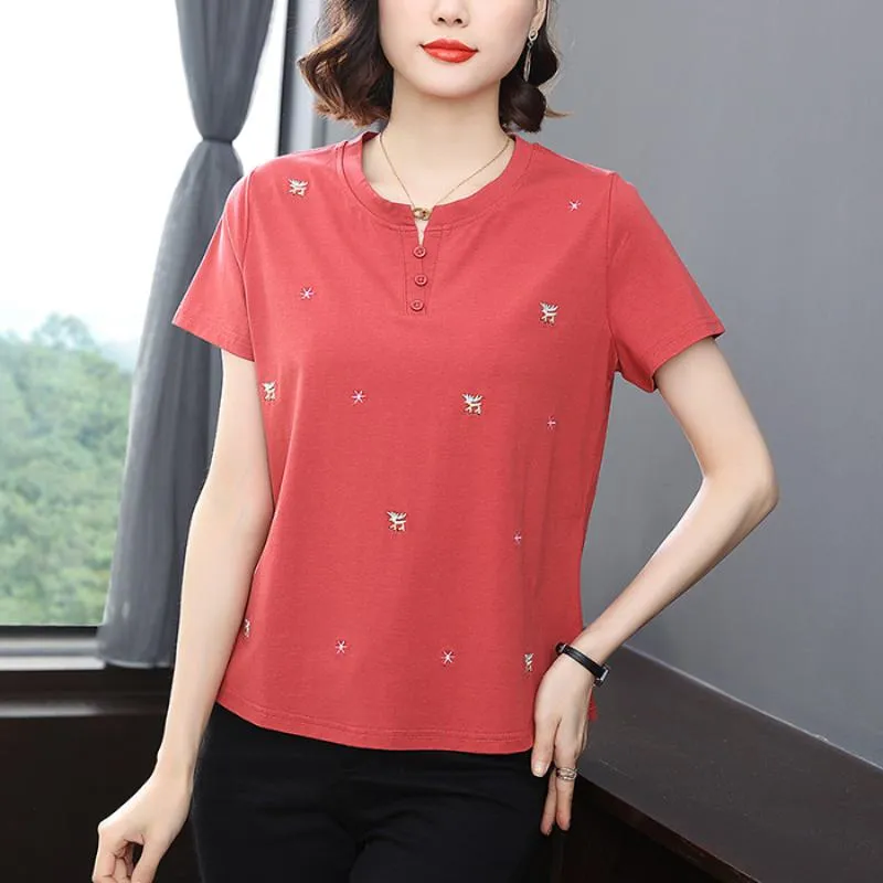 Notched Neck Versatile Button Loose Fit Worn Outside Cotton Short Sleeve Tee