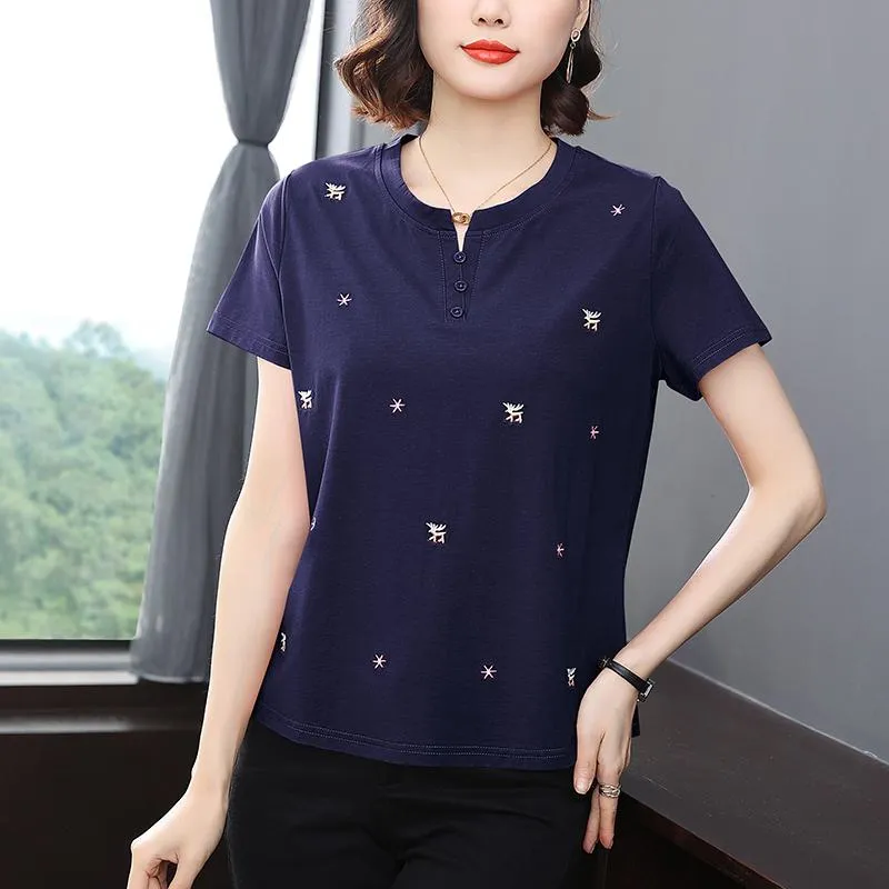 Notched Neck Versatile Button Loose Fit Worn Outside Cotton Short Sleeve Tee