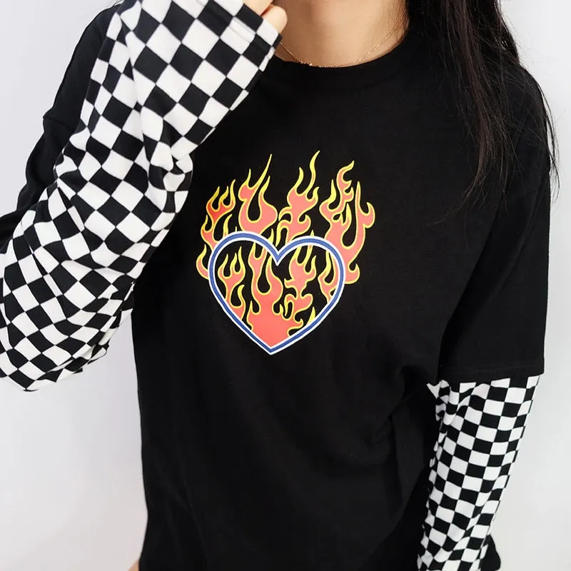 Oversized Cotton Checkerboard Patchwork Graphic Plus Size Long Sleeve