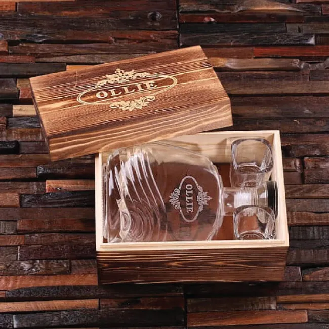 Personalized 4 Pc Men's Gift Set W/Keepsake Box - Decanter, Shot Glasses, Journal