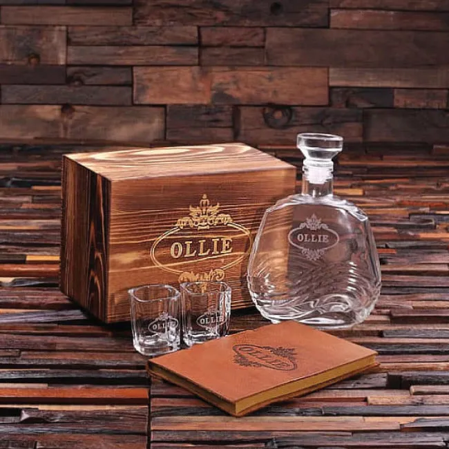 Personalized 4 Pc Men's Gift Set W/Keepsake Box - Decanter, Shot Glasses, Journal