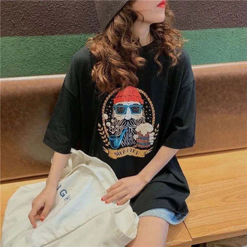 Print Cartoon Lazy Preppy Style Harajuku Style Short Sleeve Tee