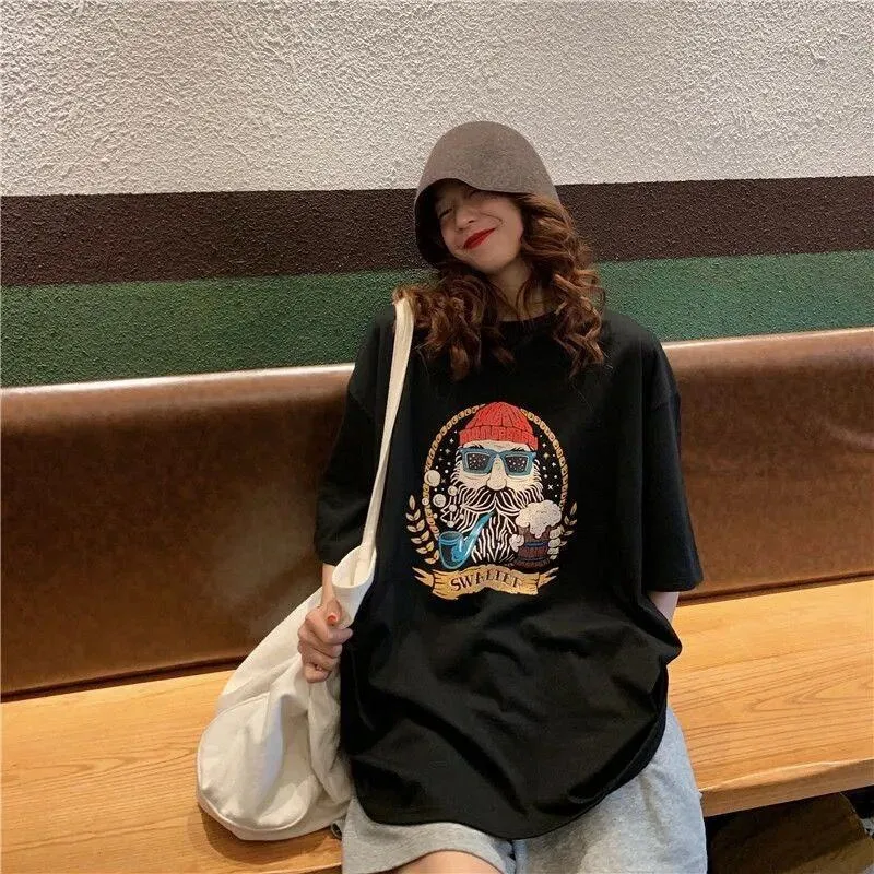 Print Cartoon Lazy Preppy Style Harajuku Style Short Sleeve Tee