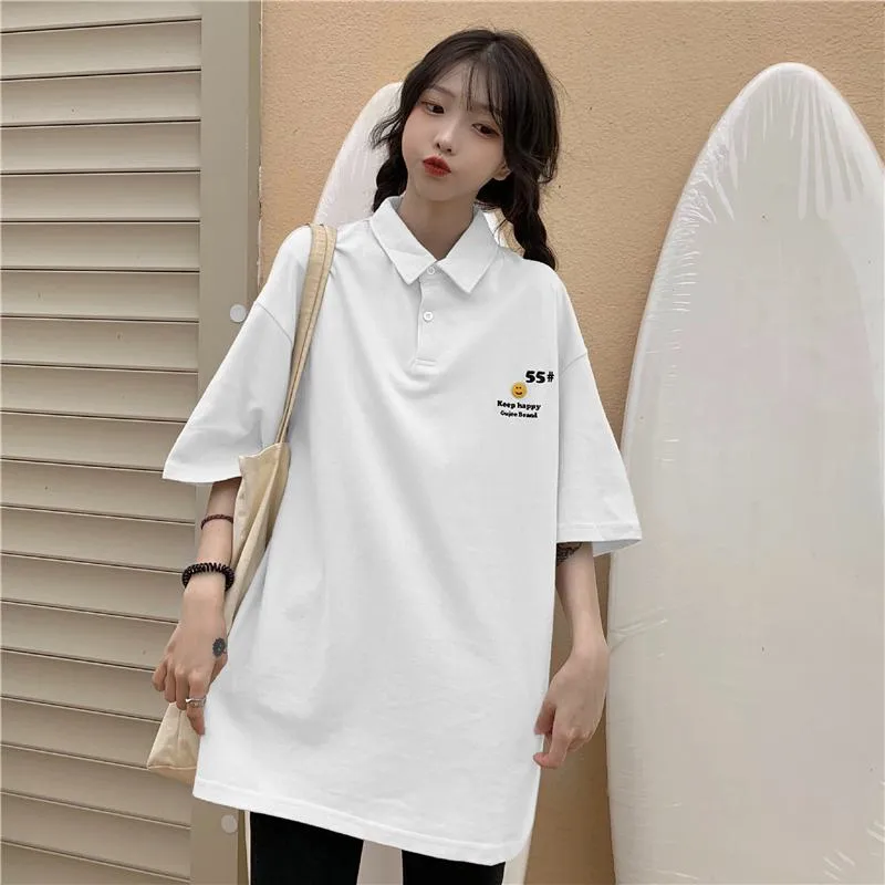 Print Plus Loose Fit Lapel Smiling Face Short Sleeve Tee