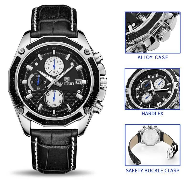 Quartz Wristwatches for Men with Leather Strap and Chronograph