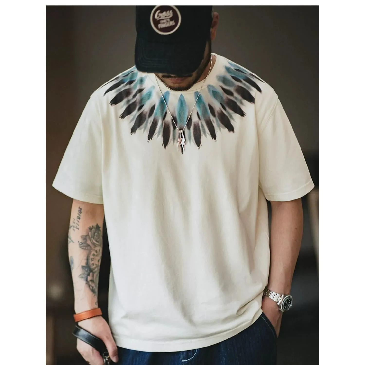 Retro Indian-Inspired Feather Round Neck Short Sleeve Tee