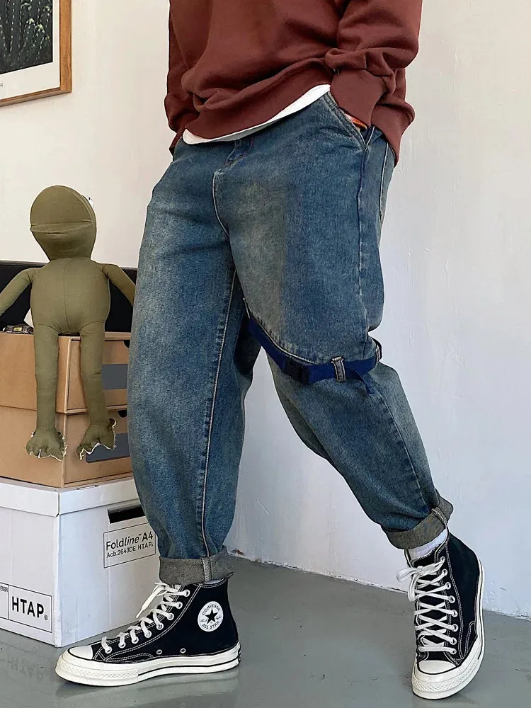 Retro Skate Baggy Jeans Korean Streetwear Distressed Denim Cargo Pants