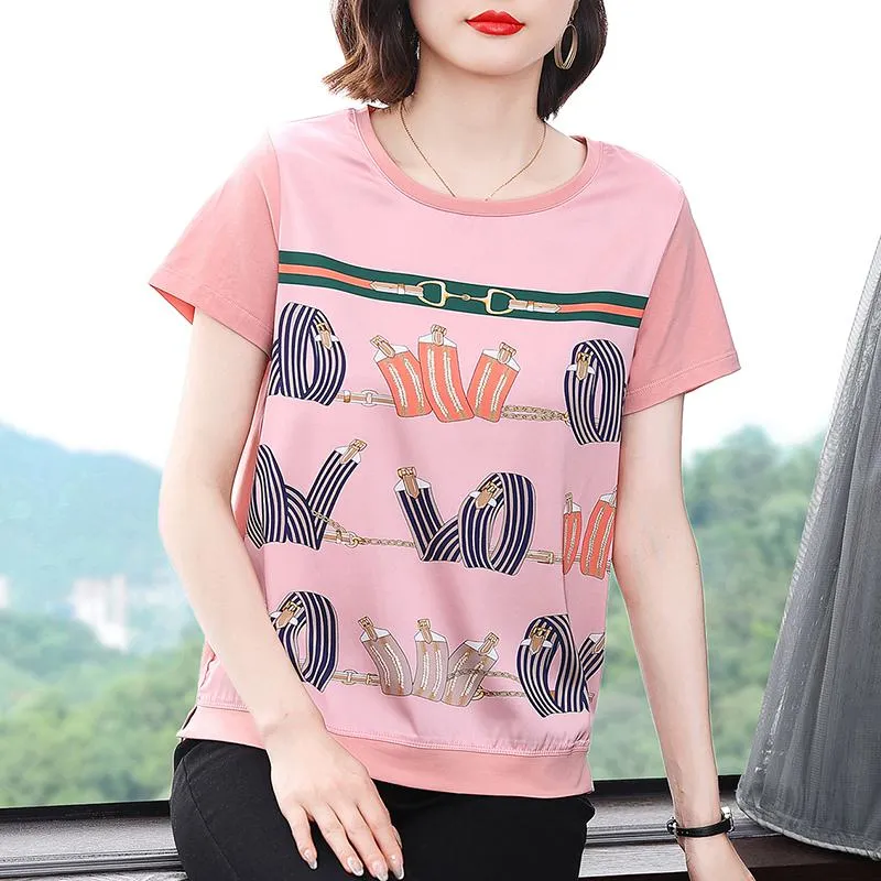 Round Neck Plus Belly-Covering Print Loose Fit Short Sleeve Tee