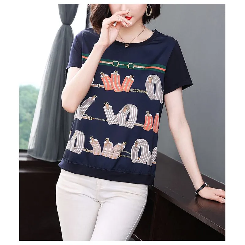 Round Neck Plus Belly-Covering Print Loose Fit Short Sleeve Tee