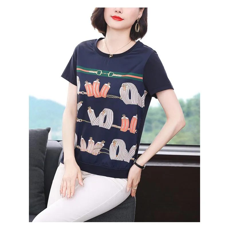 Round Neck Plus Belly-Covering Print Loose Fit Short Sleeve Tee