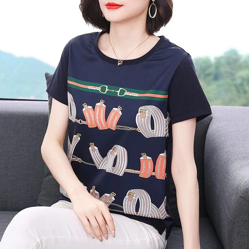 Round Neck Plus Belly-Covering Print Loose Fit Short Sleeve Tee