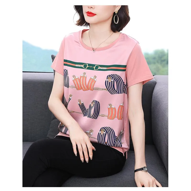 Round Neck Plus Belly-Covering Print Loose Fit Short Sleeve Tee