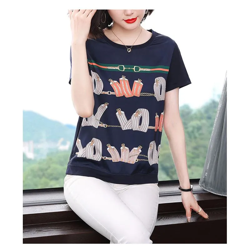 Round Neck Plus Belly-Covering Print Loose Fit Short Sleeve Tee