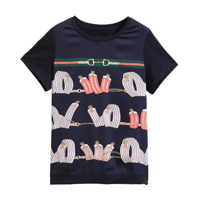 Round Neck Plus Belly-Covering Print Loose Fit Short Sleeve Tee