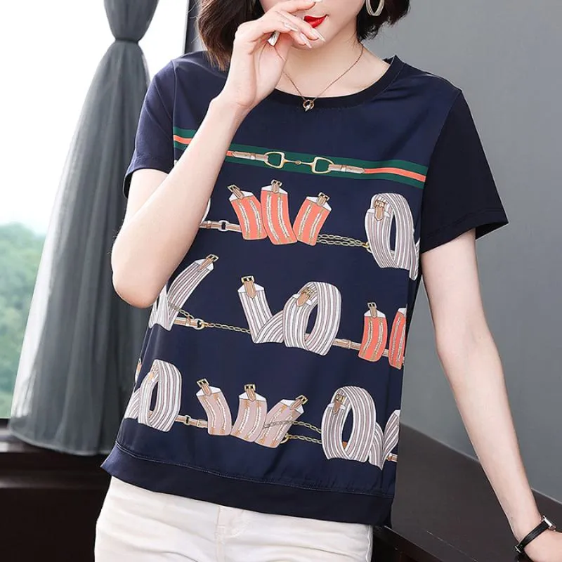 Round Neck Plus Belly-Covering Print Loose Fit Short Sleeve Tee