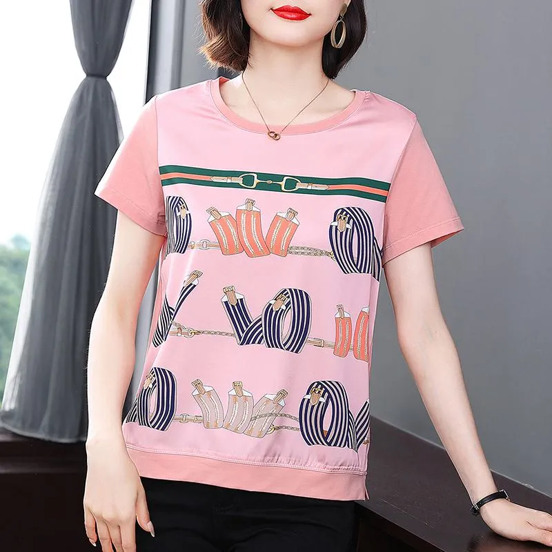 Round Neck Plus Belly-Covering Print Loose Fit Short Sleeve Tee