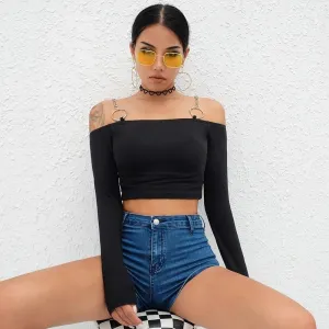 Sexy Slash Neck Off The Shoulder Long Sleeve Crop Top