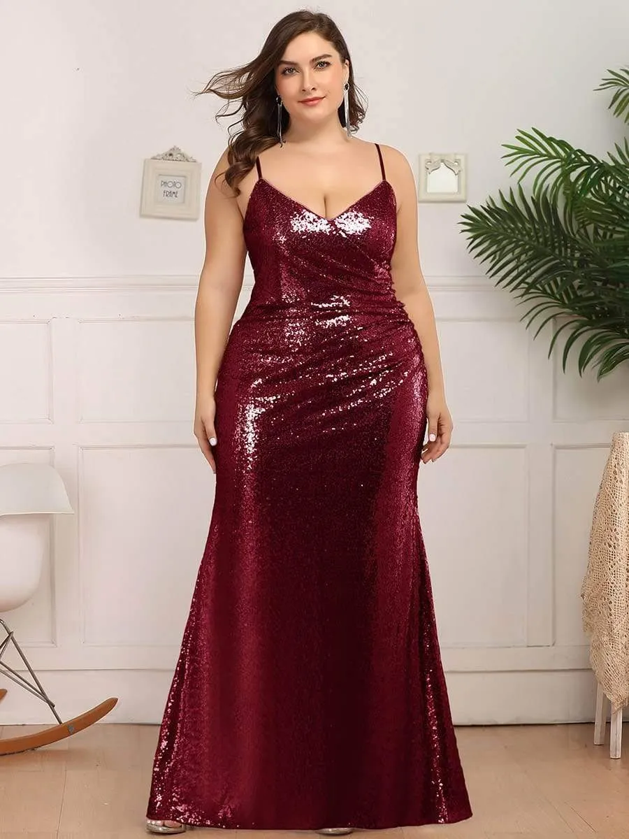 Sexy Spaghetti Straps Plus Size Sequin Evening Gowns for Women