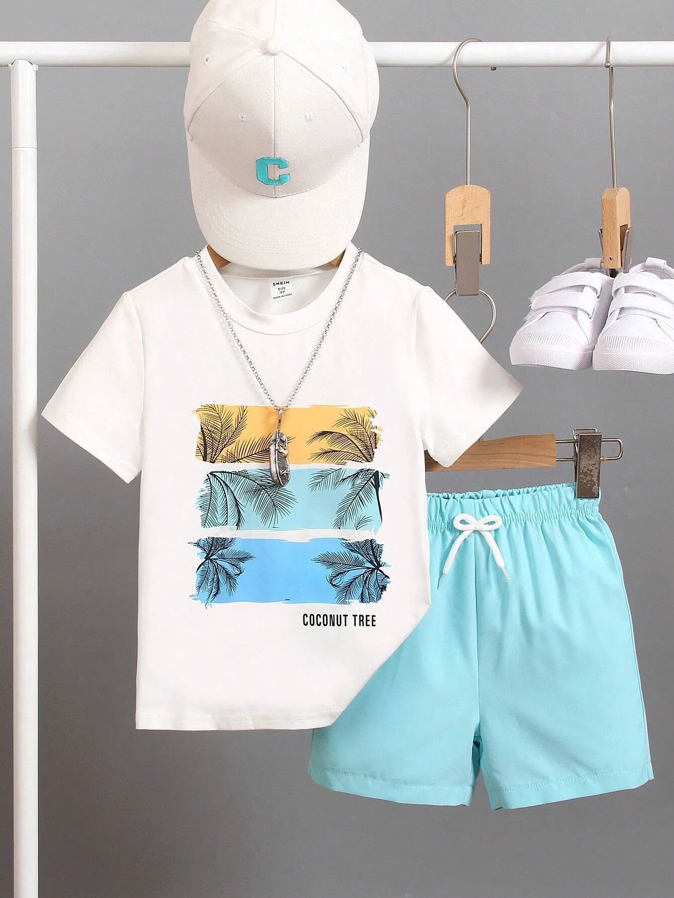 SHEIN Young Boy Coconut Tree & Letter Print Short Sleeve T-Shirt And Shorts Casual Vacation Outfit, Summer