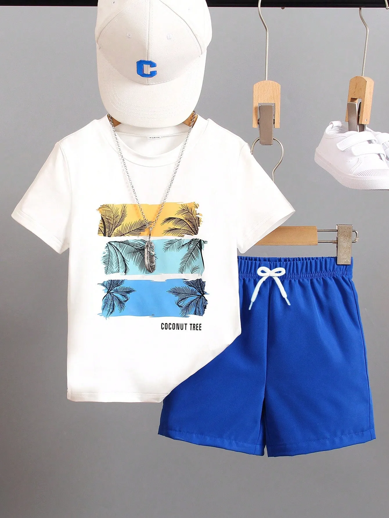 SHEIN Young Boy Coconut Tree & Letter Print Short Sleeve T-Shirt And Shorts Casual Vacation Outfit, Summer