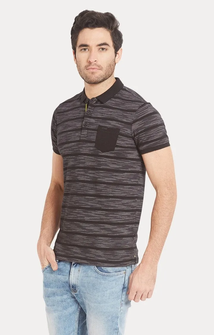 Spykar Brown Striped Slim Fit Polo T-Shirt