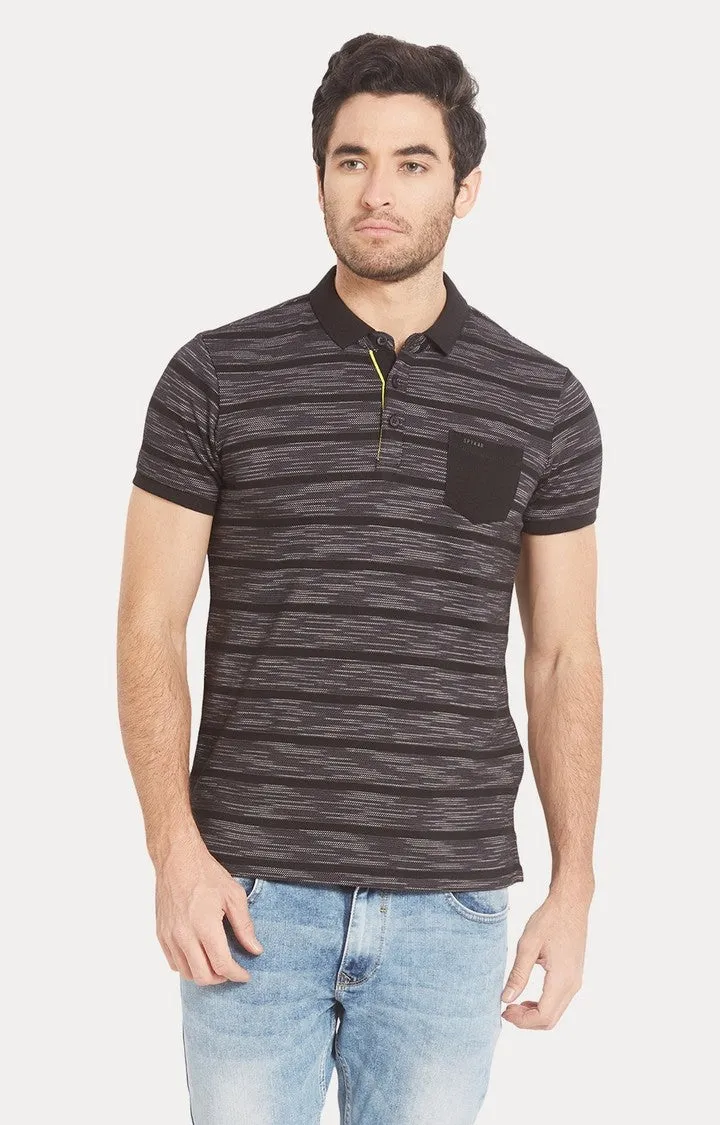 Spykar Brown Striped Slim Fit Polo T-Shirt