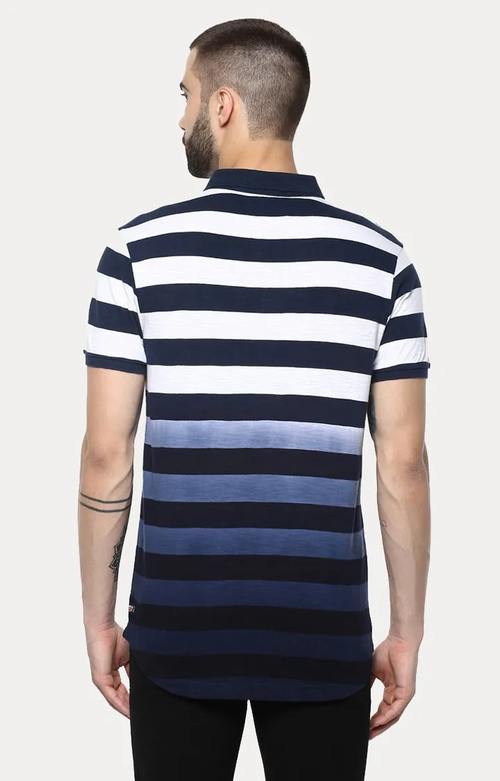 Spykar Dark Blue Striped Slim Fit Polo T-Shirt