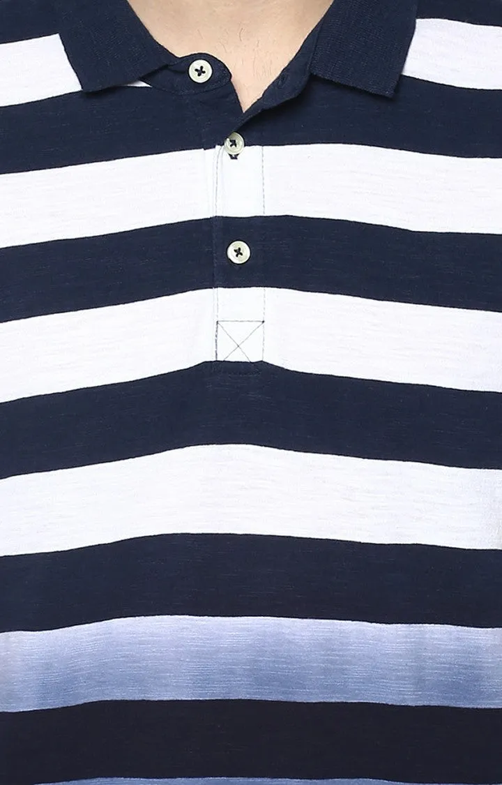 Spykar Dark Blue Striped Slim Fit Polo T-Shirt