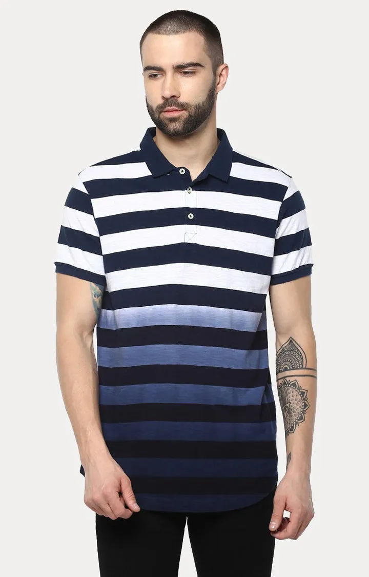 Spykar Dark Blue Striped Slim Fit Polo T-Shirt