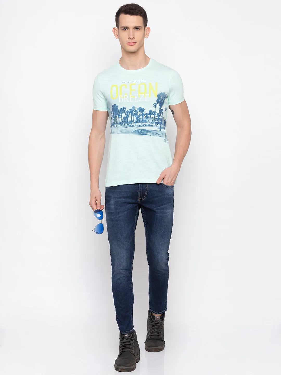 Spykar Men Aqua Printed Slim Fit T-Shirt