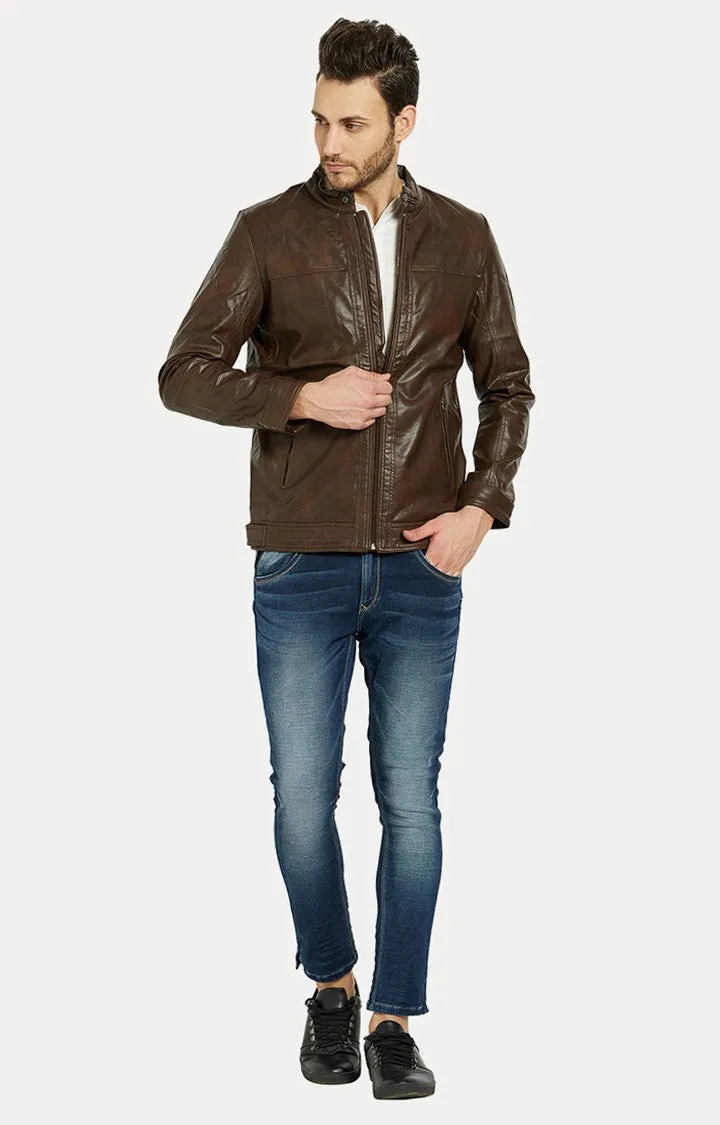 Spykar Men Brown Solid Slim Fit Leather Jacket