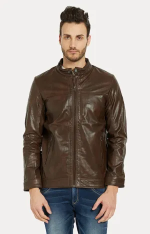 Spykar Men Brown Solid Slim Fit Leather Jacket