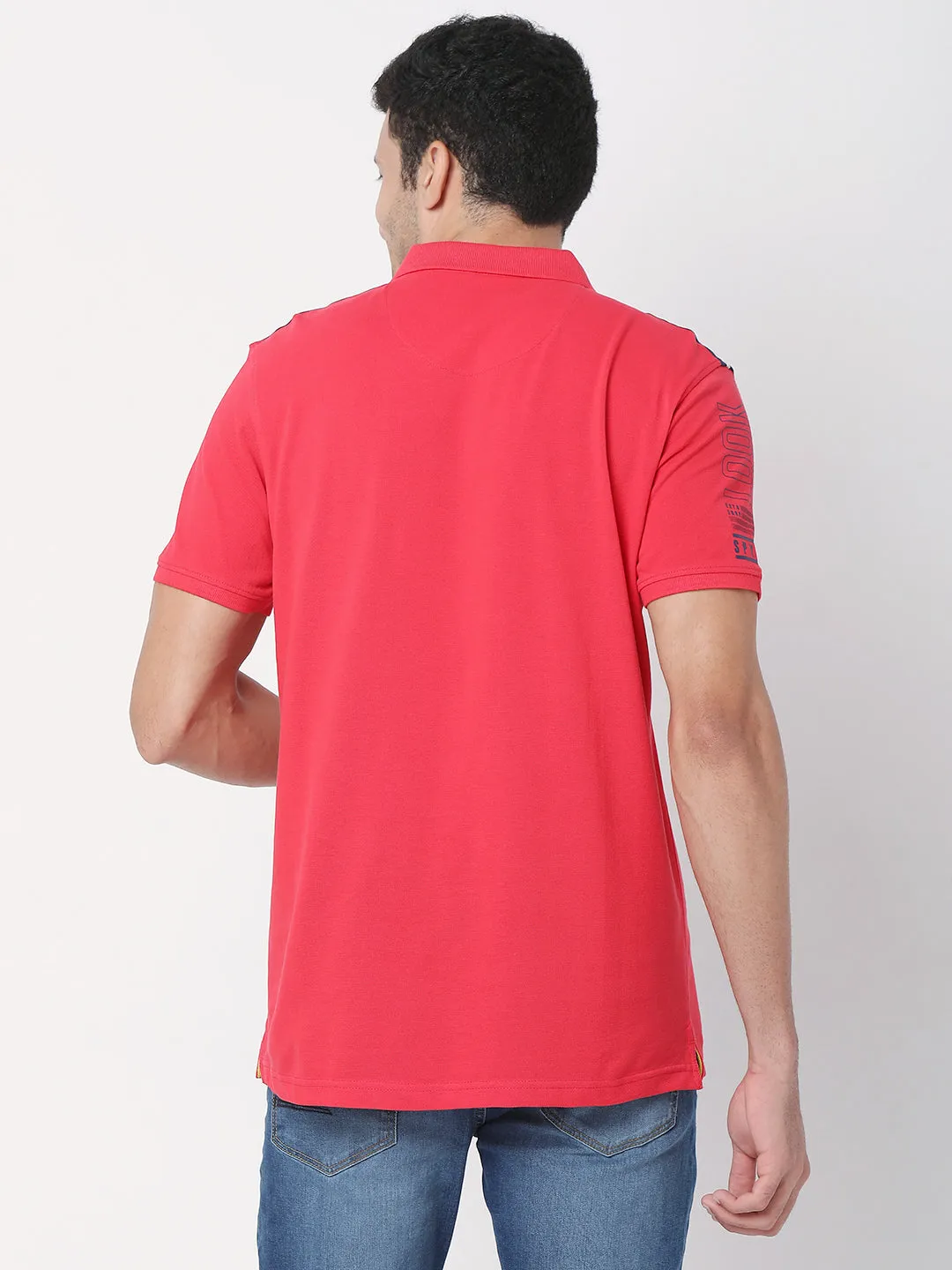 Spykar Men Deep Coral Cotton Half Sleeve Casual Plain Polo Tshirt