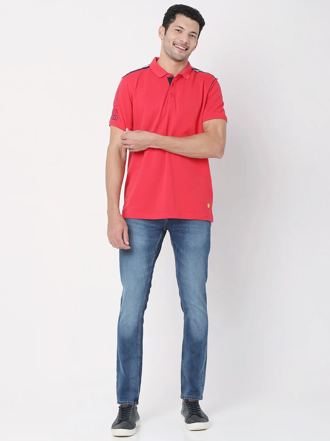 Spykar Men Deep Coral Cotton Half Sleeve Casual Plain Polo Tshirt