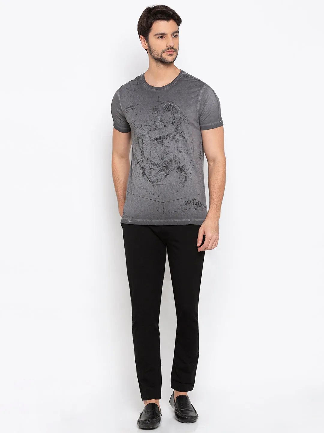 Spykar Men Dk Grey Cotton Slim Fit T-Shirt