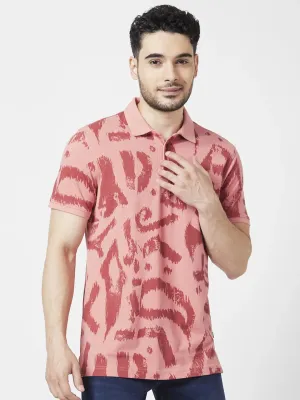 Spykar Men Dusty Pink Cotton Slim Fit Half Sleeve Polo Neck Printed Tshirt