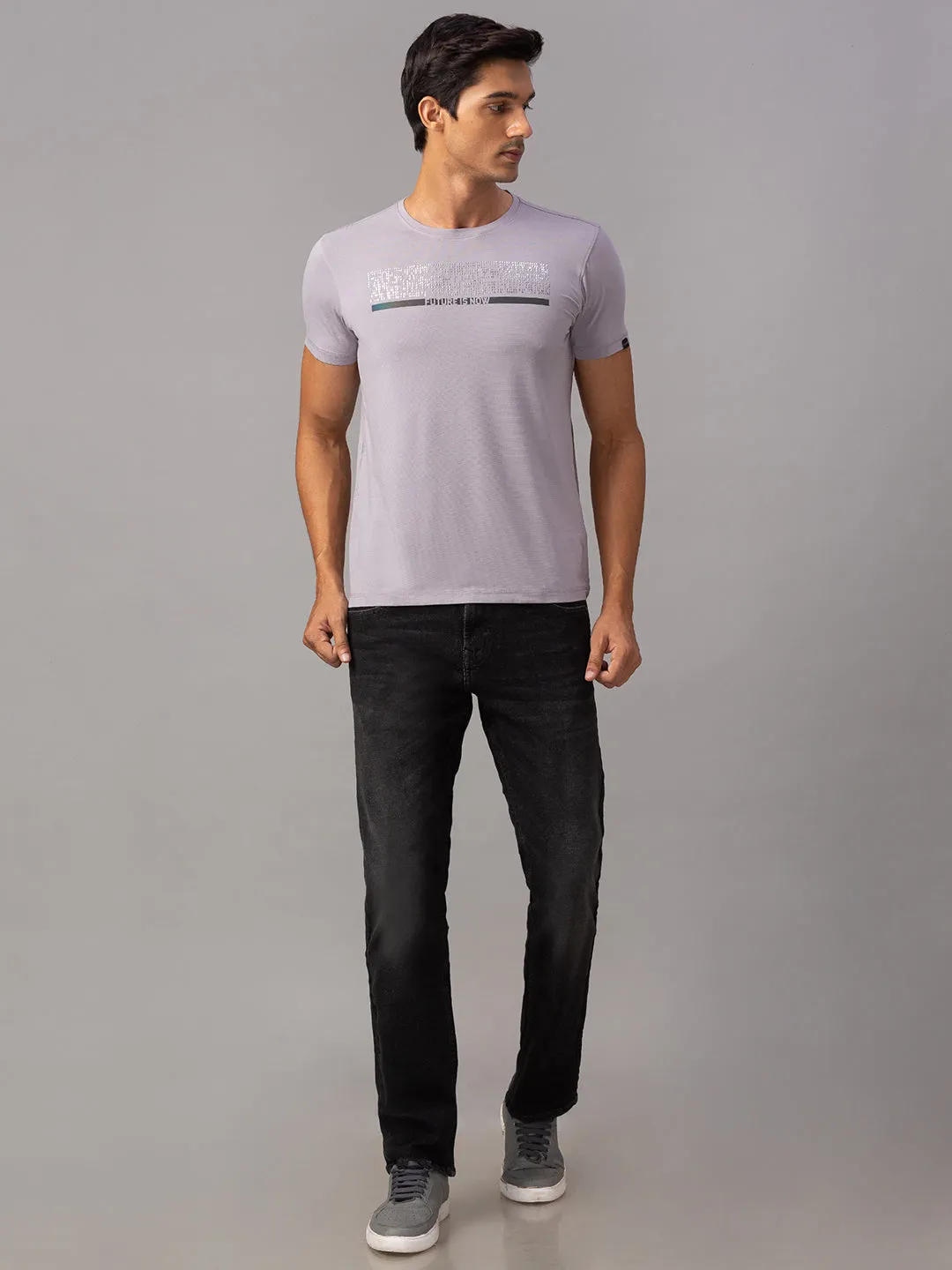 Spykar Men Grey Cotton Slim Fit Round Neck T-Shirt