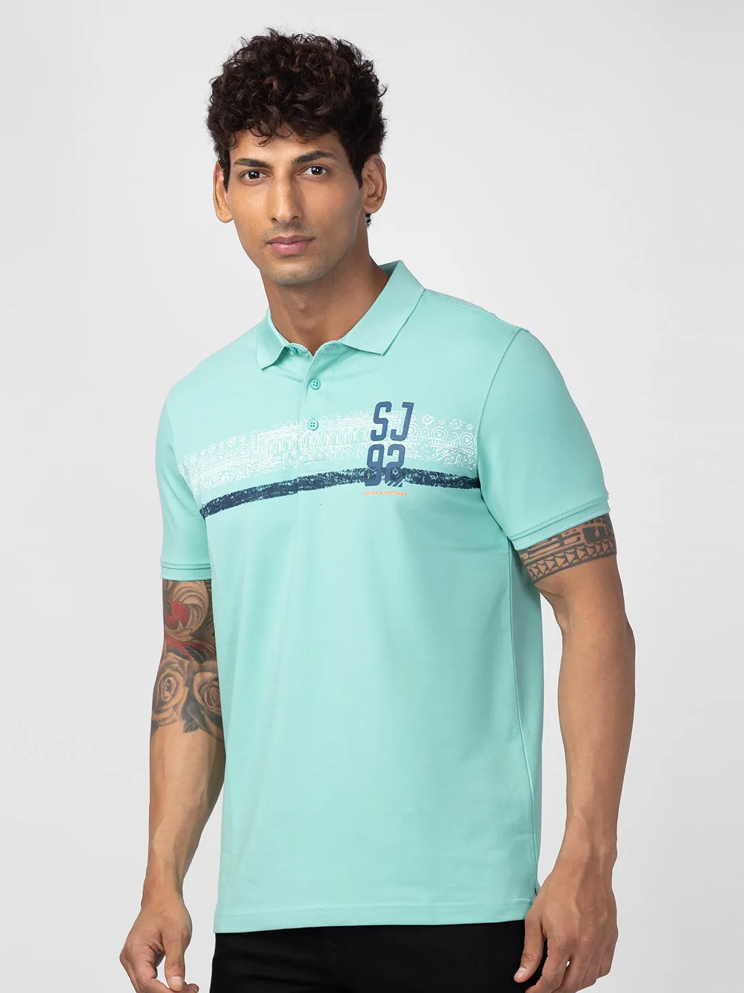 Spykar Men Ice Green Cotton Regular Fit Half Sleeve Printed Polo T-Shirt