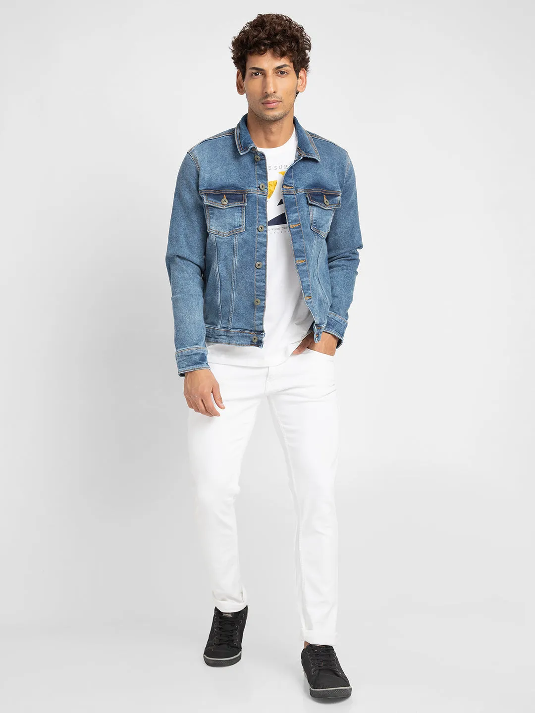 Spykar Men Mid Blue Cotton Slim Fit Denim Jacket