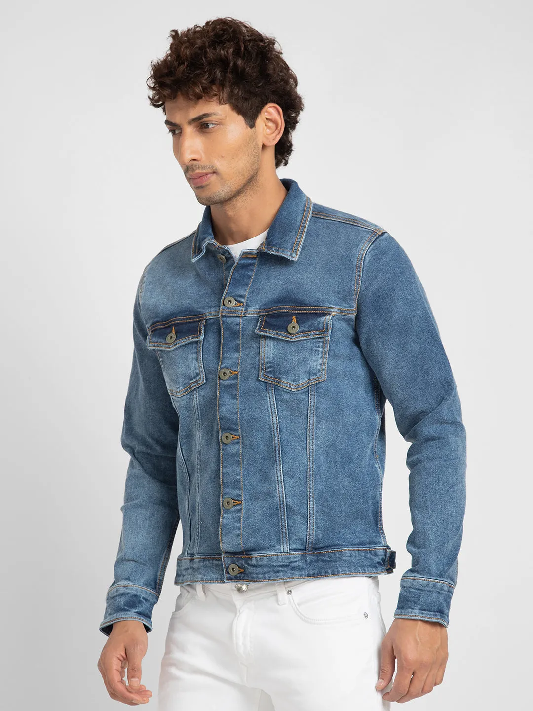 Spykar Men Mid Blue Cotton Slim Fit Denim Jacket