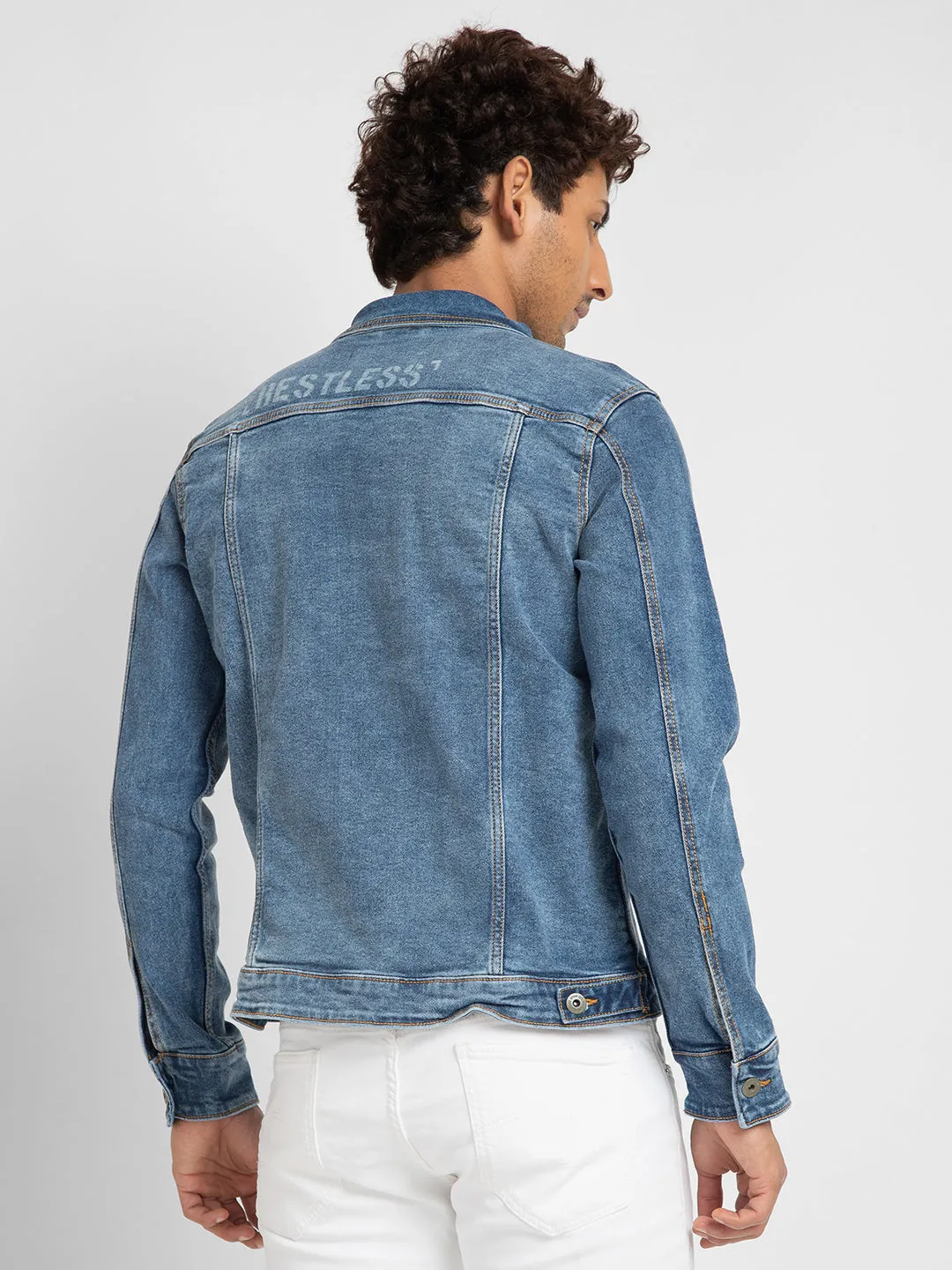 Spykar Men Mid Blue Cotton Slim Fit Denim Jacket